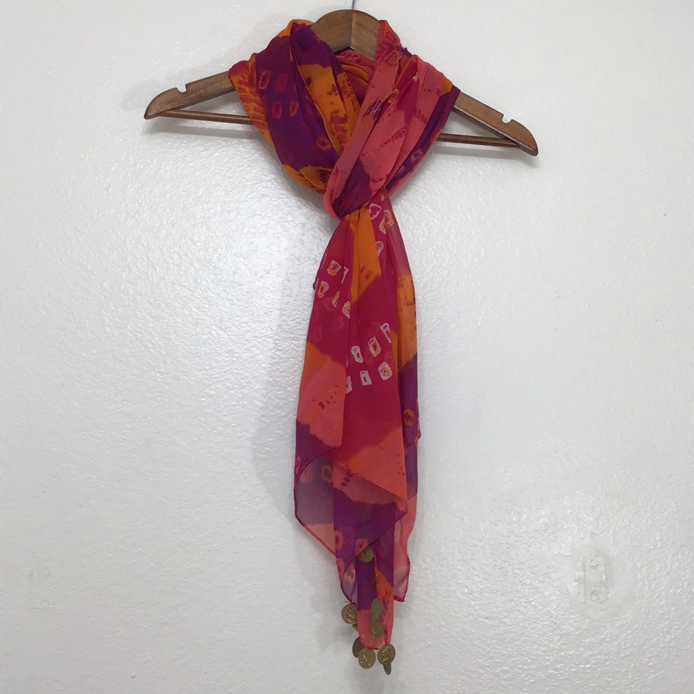 Jewel Toned Multi-Colored Scarf Faux Coin Fringe